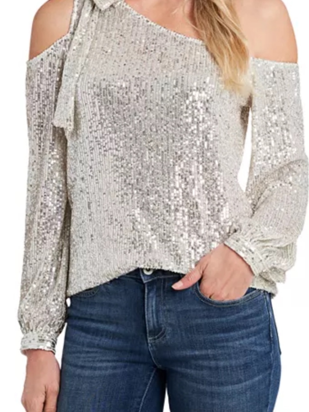 NWT Cece Off The Shoulder Silver Sequin Top M W/bow Embellishment Glam